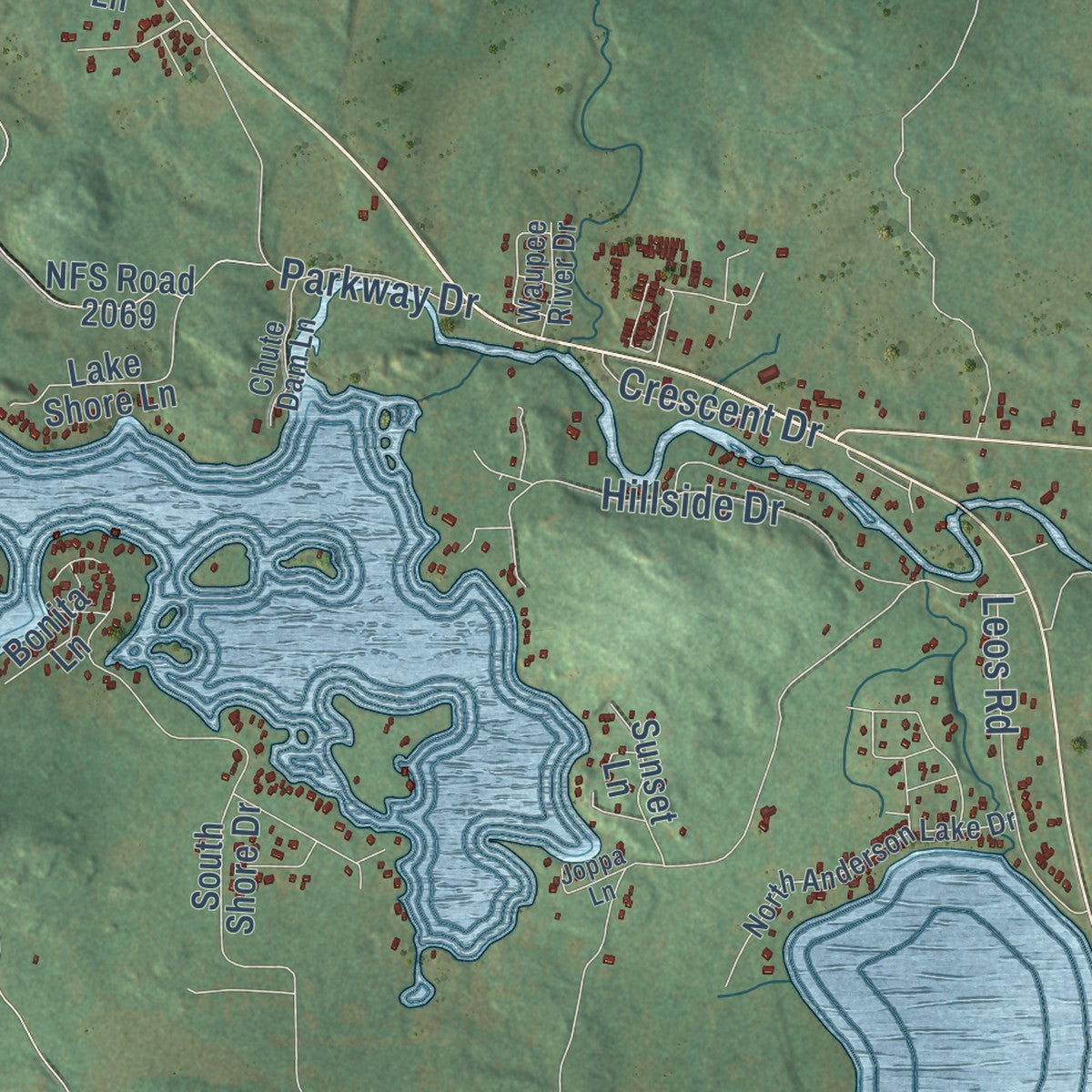 Close-up of the map of Mountain, Wisconsin print showing street and building detail