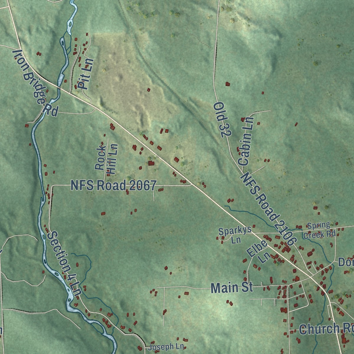 Second close-up of the map of Mountain, Wisconsin print showing more streets and buildings