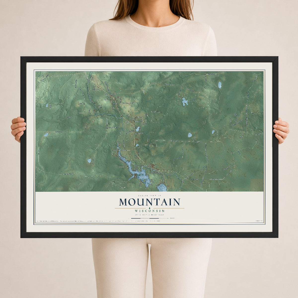 Map of Mountain, Wisconsin, 24 x 36 inch print in a black wood frame