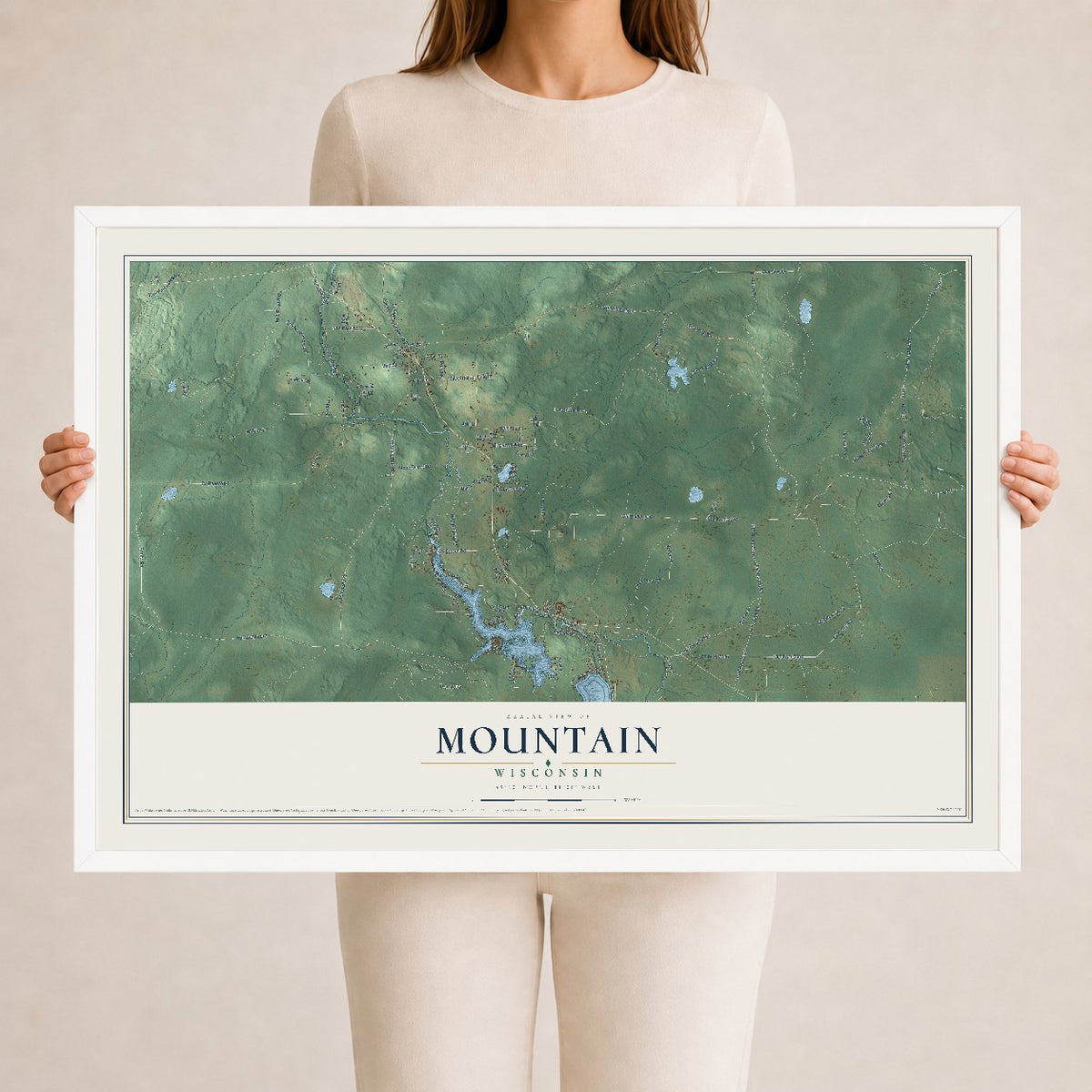 Map of Mountain, Wisconsin, 24 x 36 inch print in a white wood frame