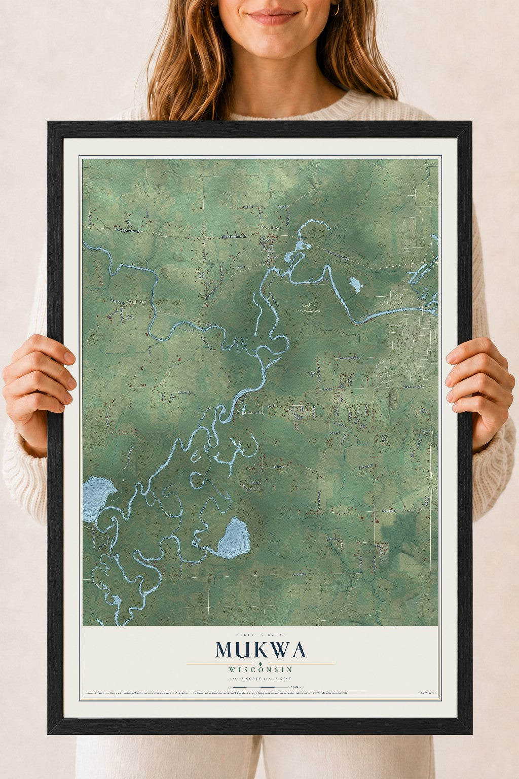 Map of Mukwa, Wisconsin, 18 x 24 inch print in a black wood frame