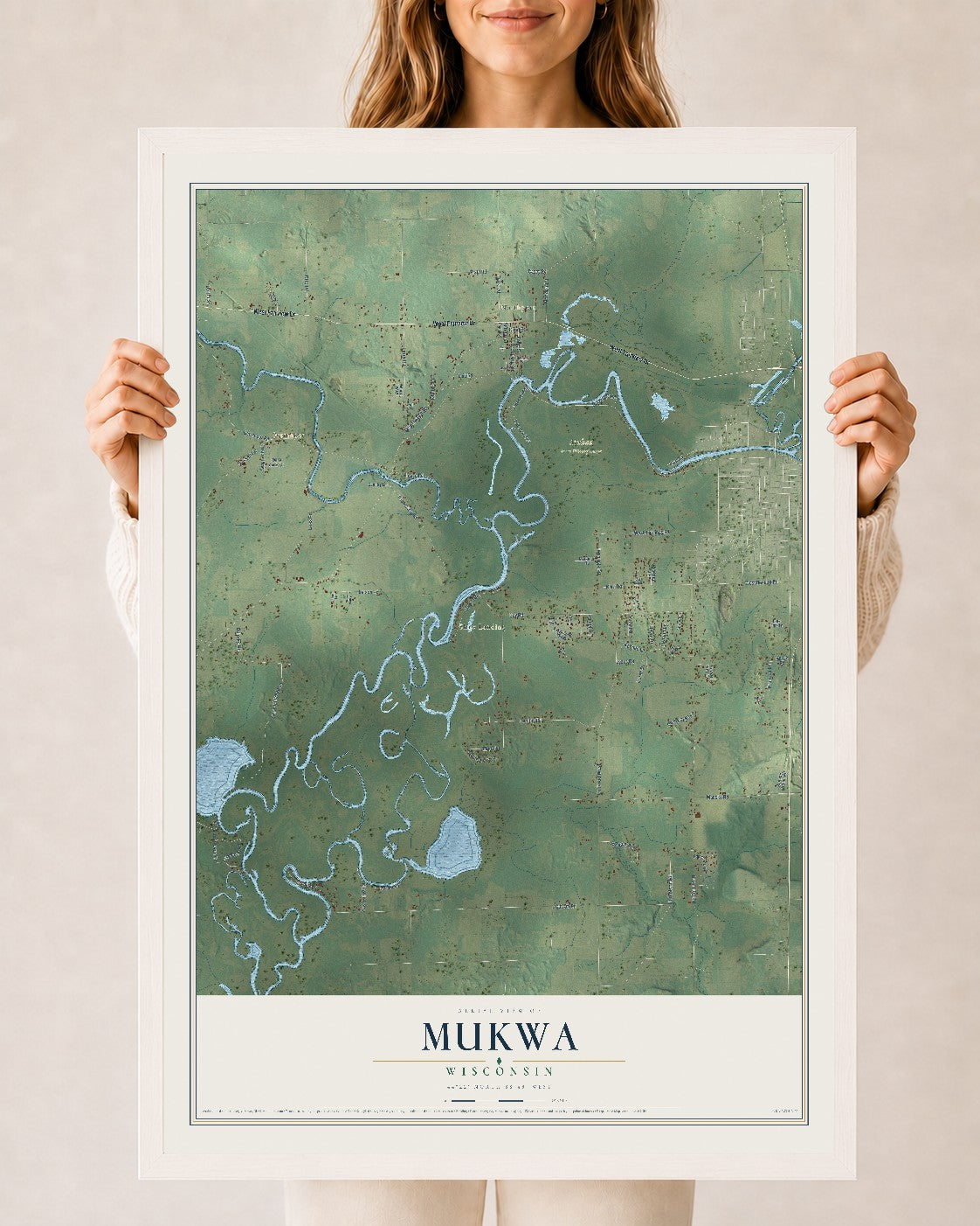 Map of Mukwa, Wisconsin, 24 x 36 inch print in a white wood frame