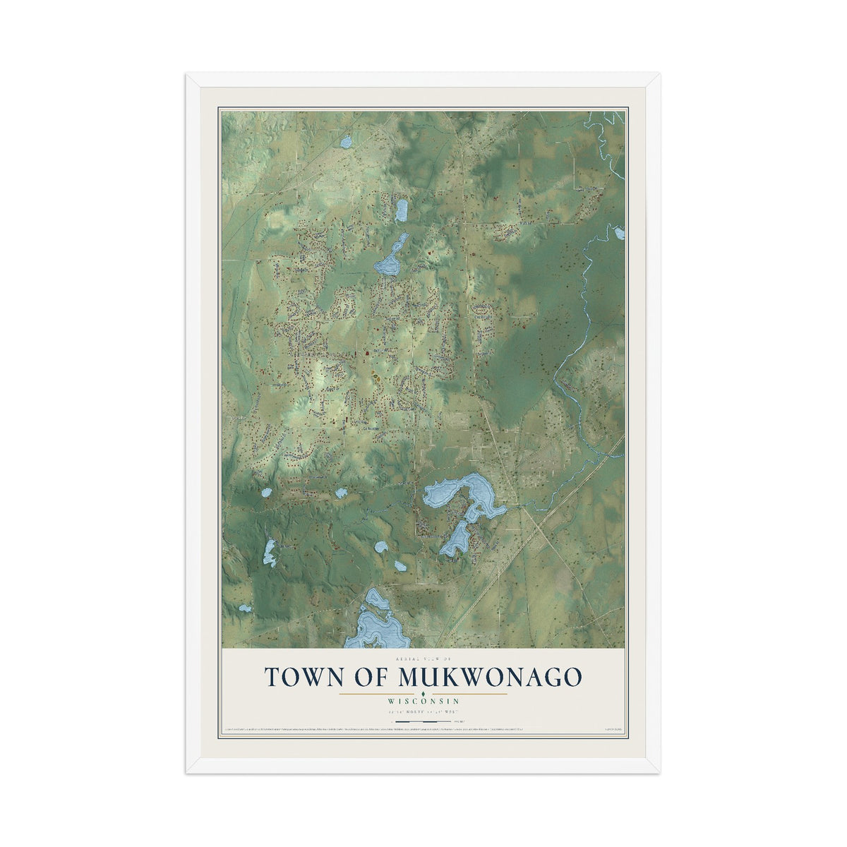 Map of the Town of Mukwonago, Wisconsin, 12 x 18 inch print in a white wood frame