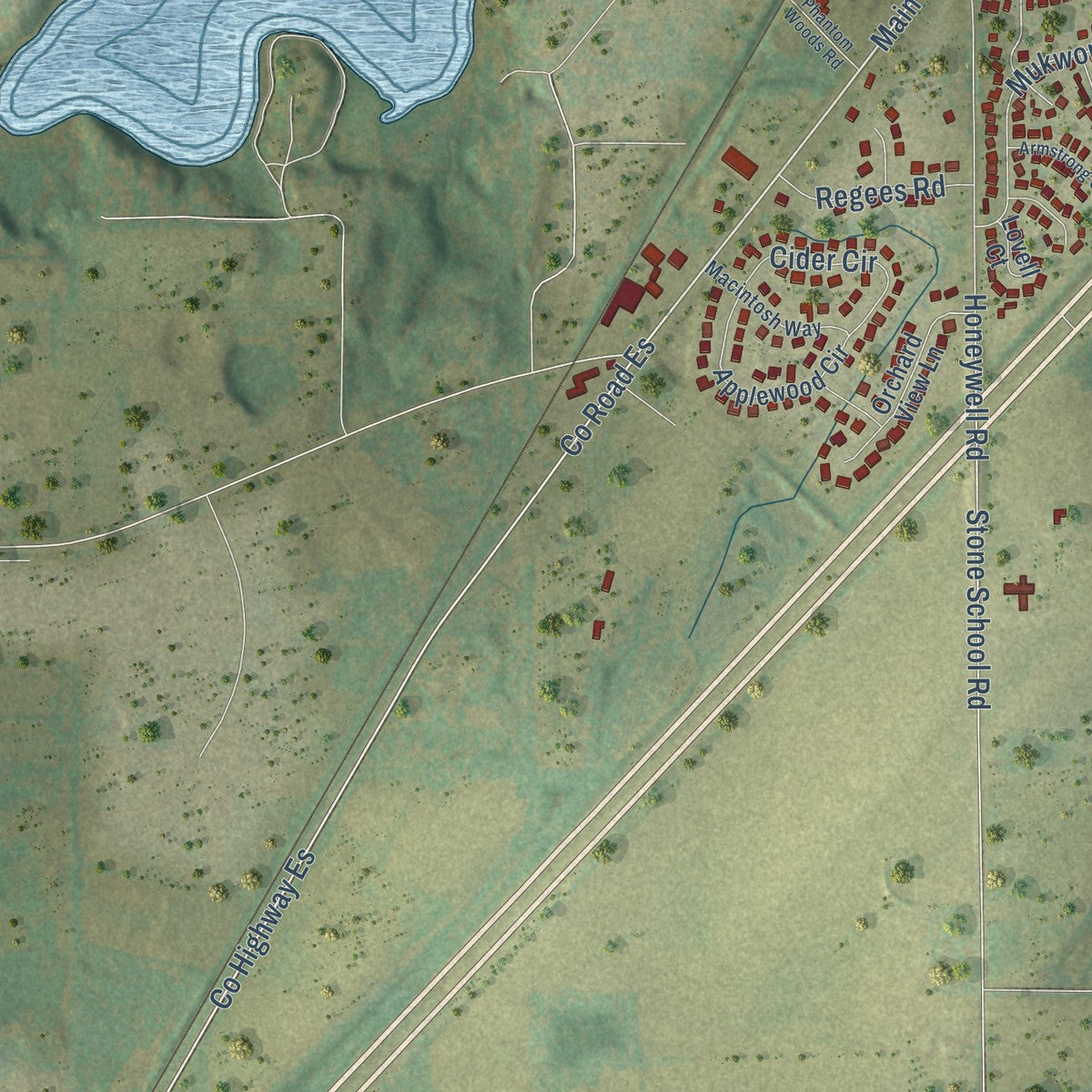Second close-up of the map of Mukwonago, Wisconsin print showing more streets and buildings