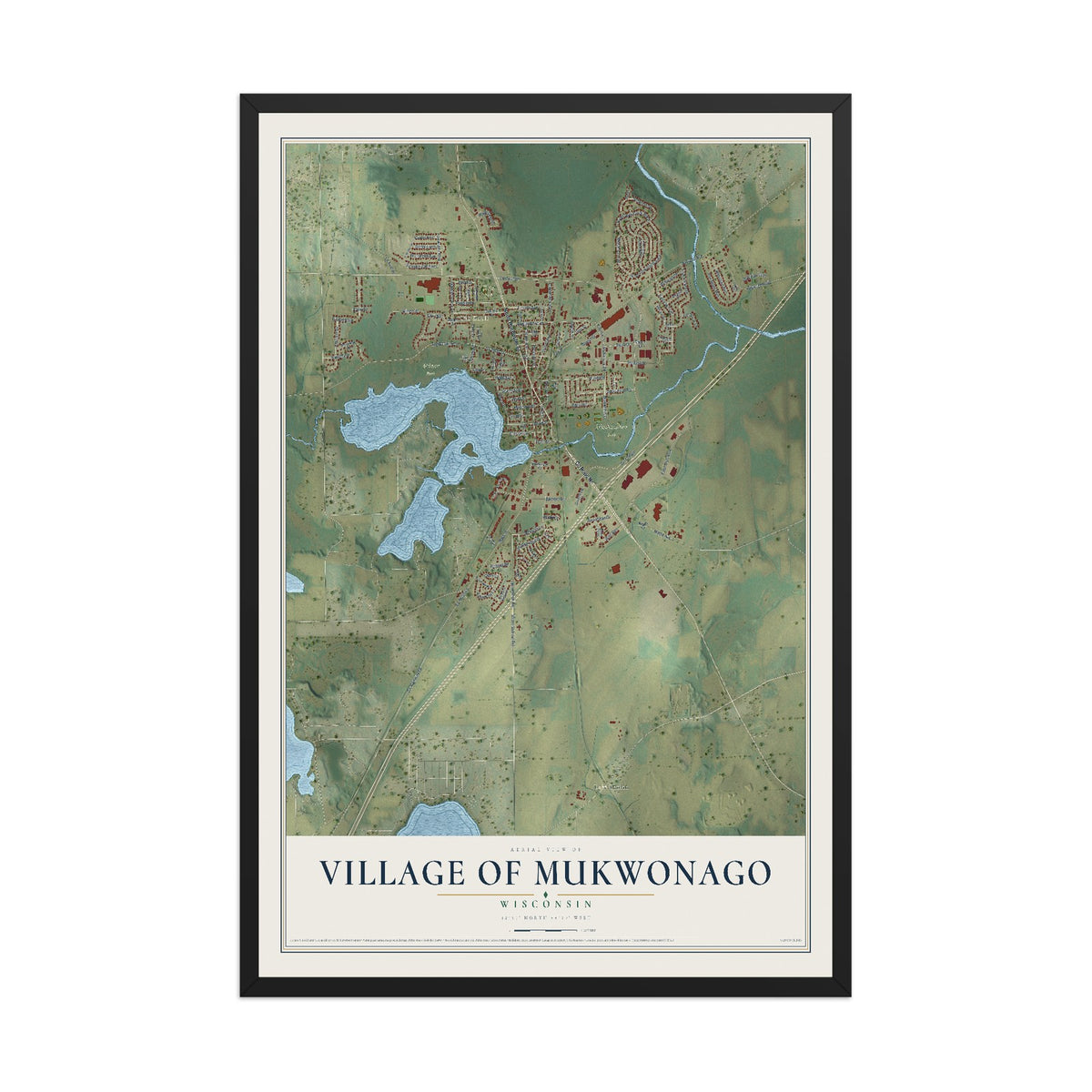 Map of Mukwonago, Wisconsin, 12 x 18 inch print in a black wood frame