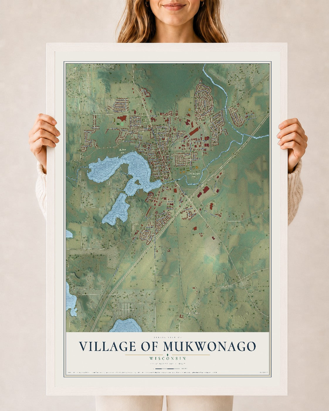 Map of Mukwonago, Wisconsin, 24 x 36 inch print in a white wood frame