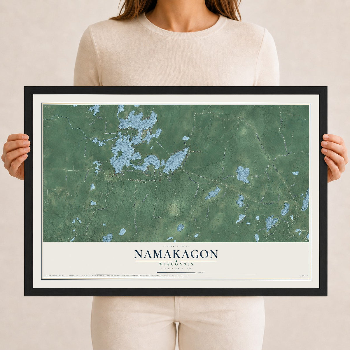 Map of Namakagon, Wisconsin, 12 x 18 inch print in a black wood frame