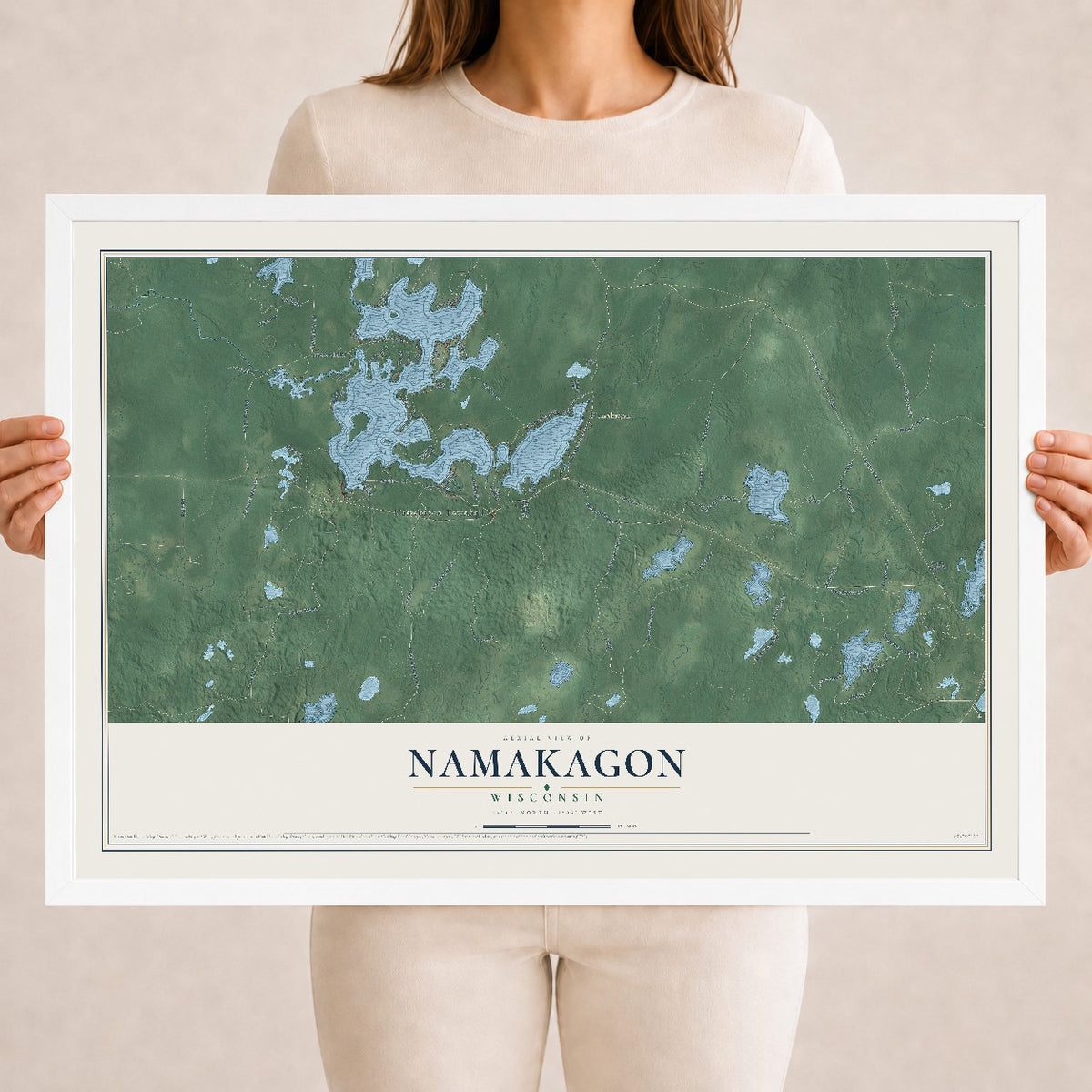 Map of Namakagon, Wisconsin, 18 x 24 inch print in a white wood frame