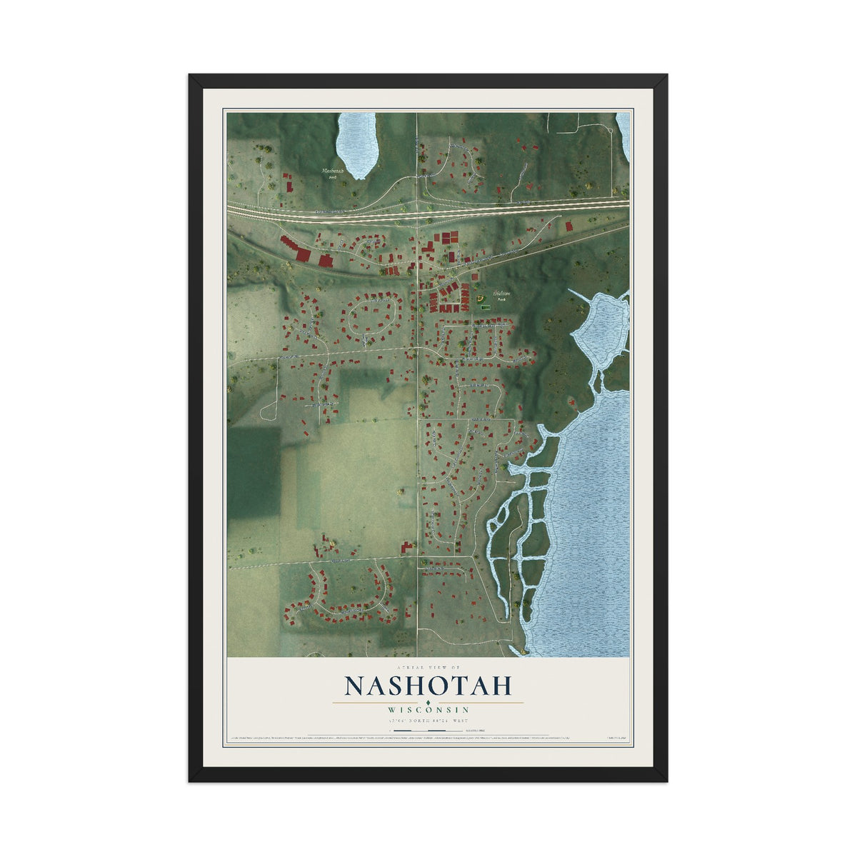 Map of Nashotah, Wisconsin, 12 x 18 inch print in a black wood frame