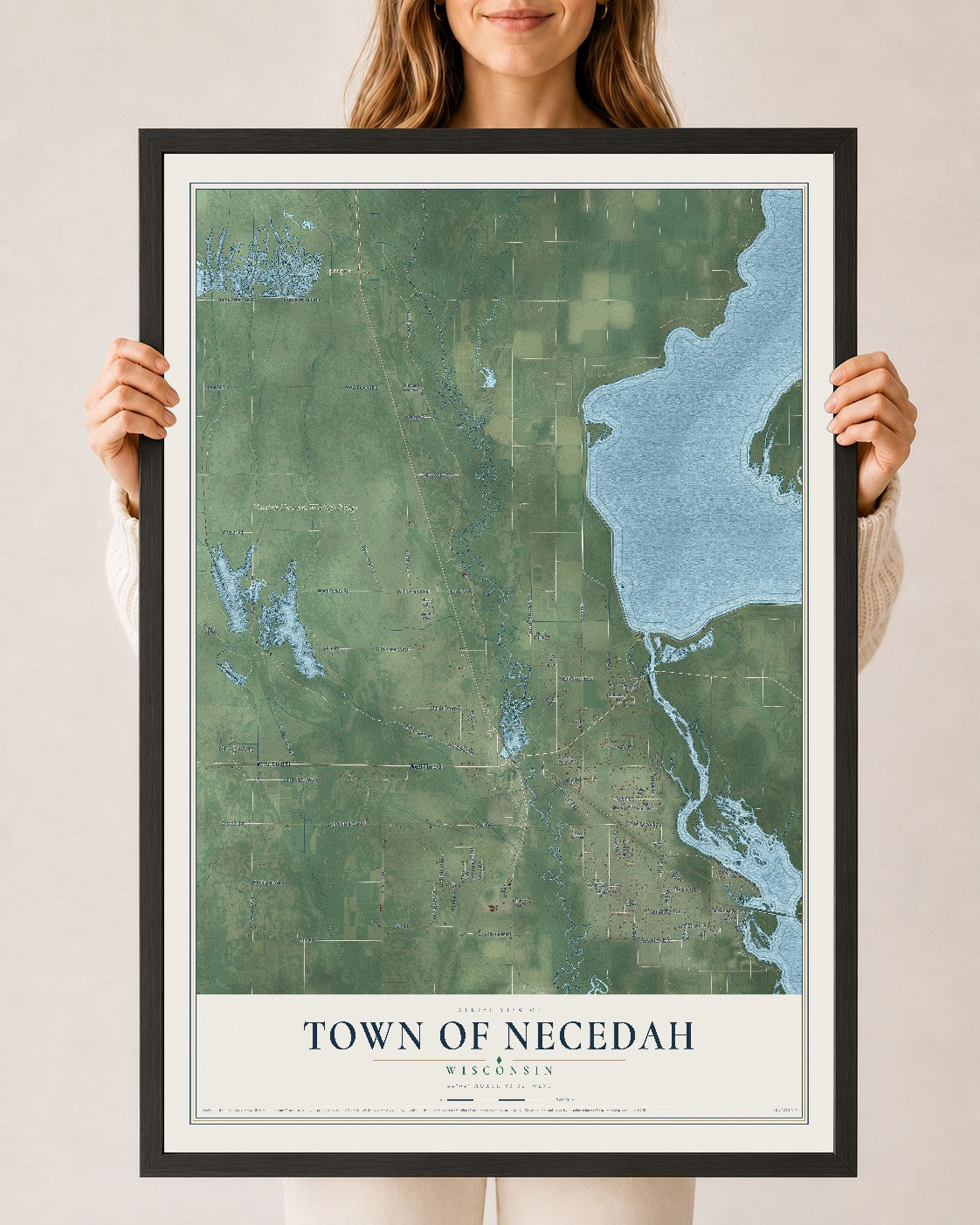 Map of the Town of Necedah, Wisconsin, 24 x 36 inch print in a black wood frame