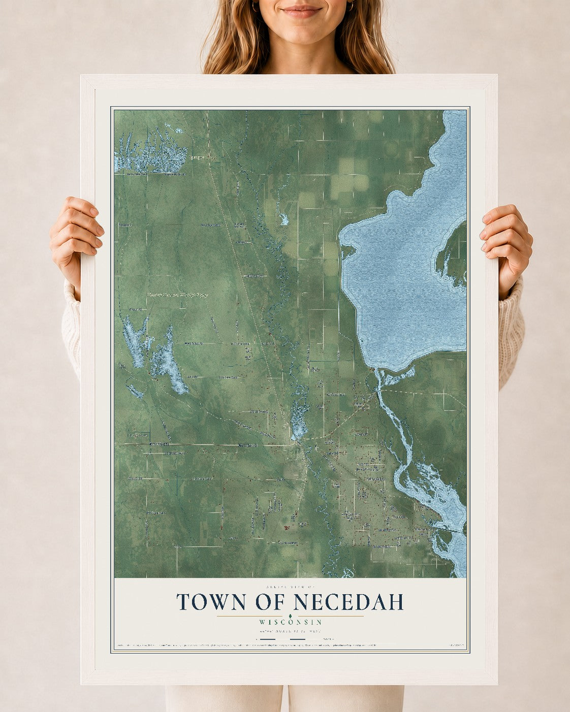 Map of the Town of Necedah, Wisconsin, 24 x 36 inch print in a white wood frame