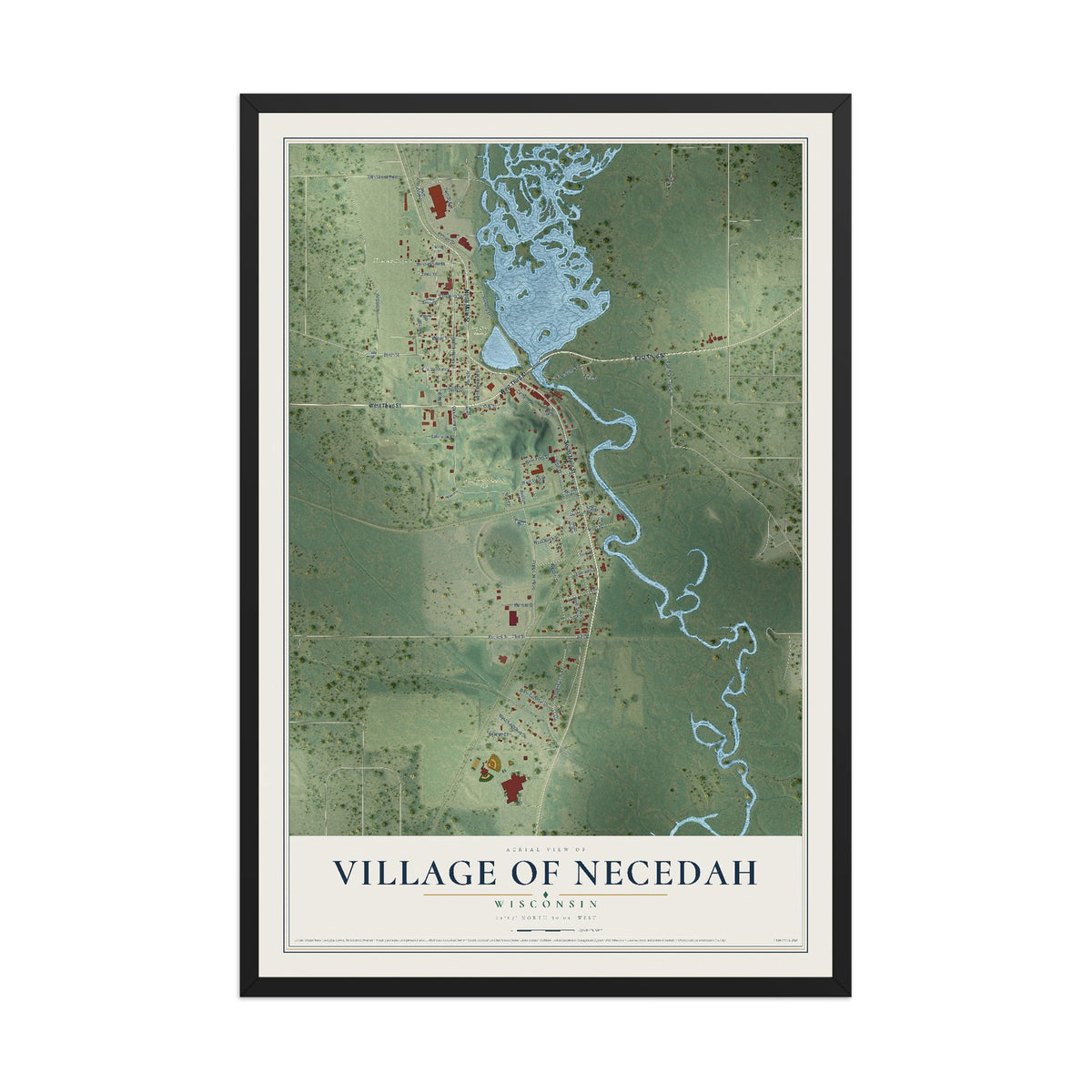 Map of Necedah, Wisconsin, 12 x 18 inch print in a black wood frame