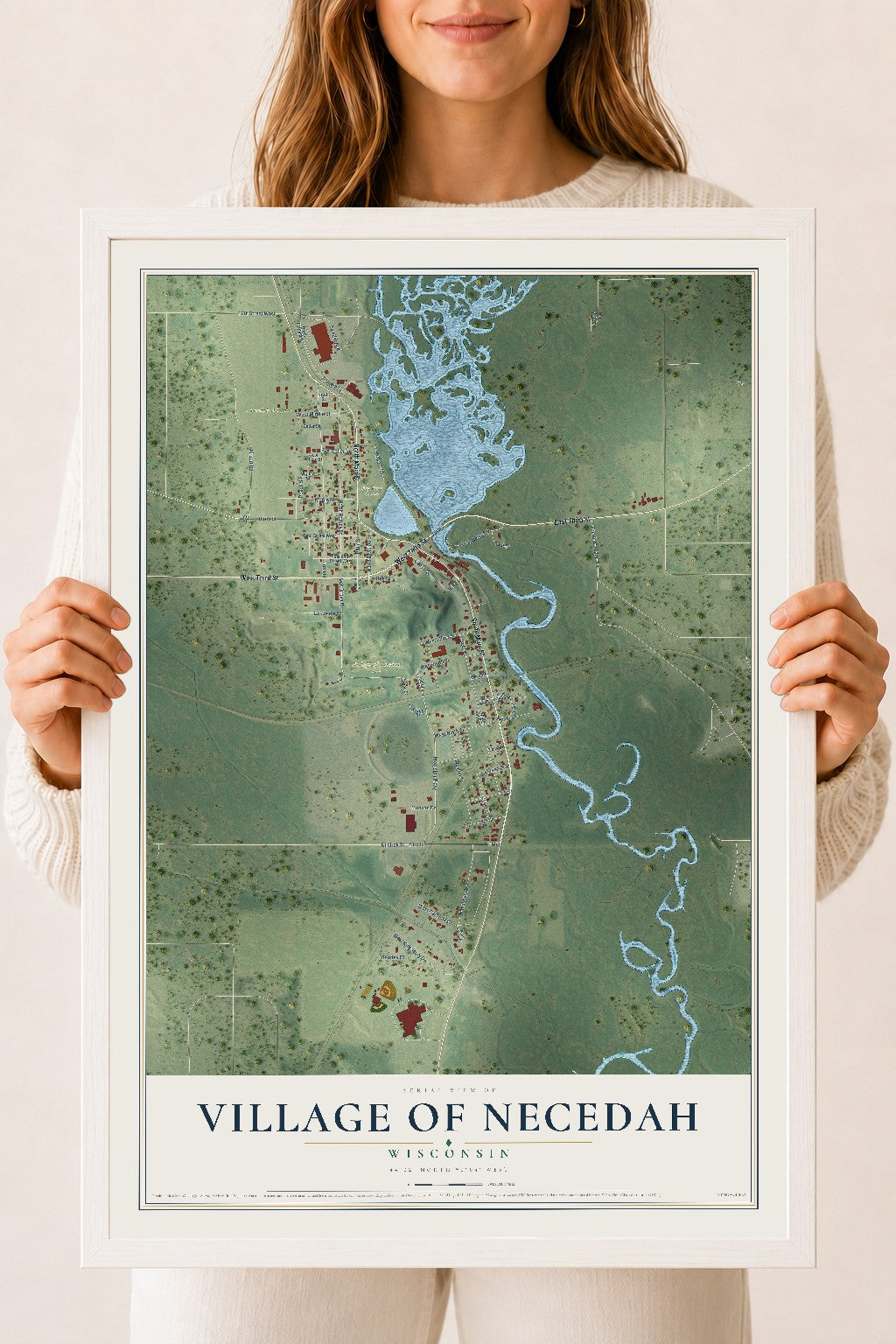 Map of Necedah, Wisconsin, 18 x 24 inch print in a white wood frame