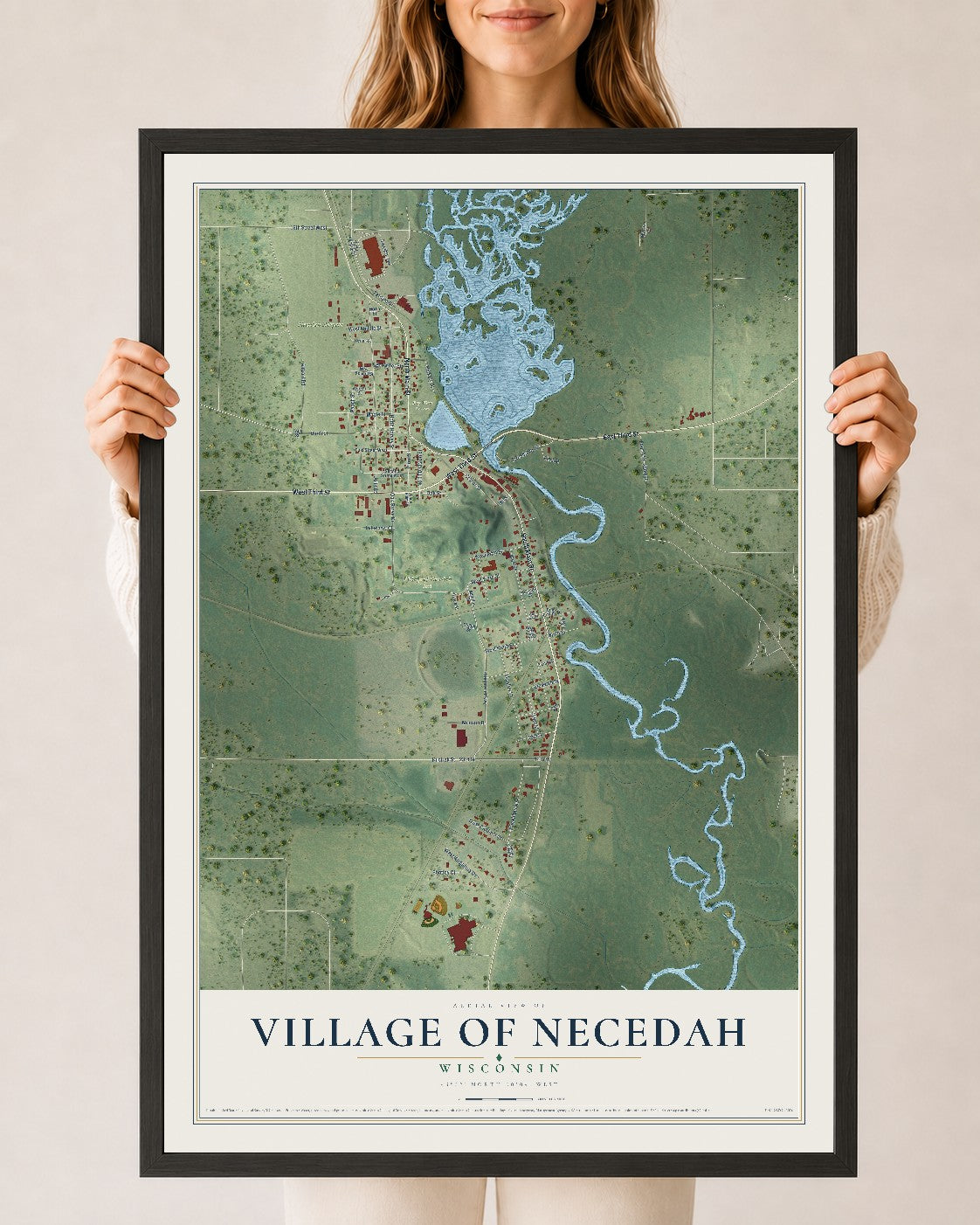 Map of Necedah, Wisconsin, 24 x 36 inch print in a black wood frame