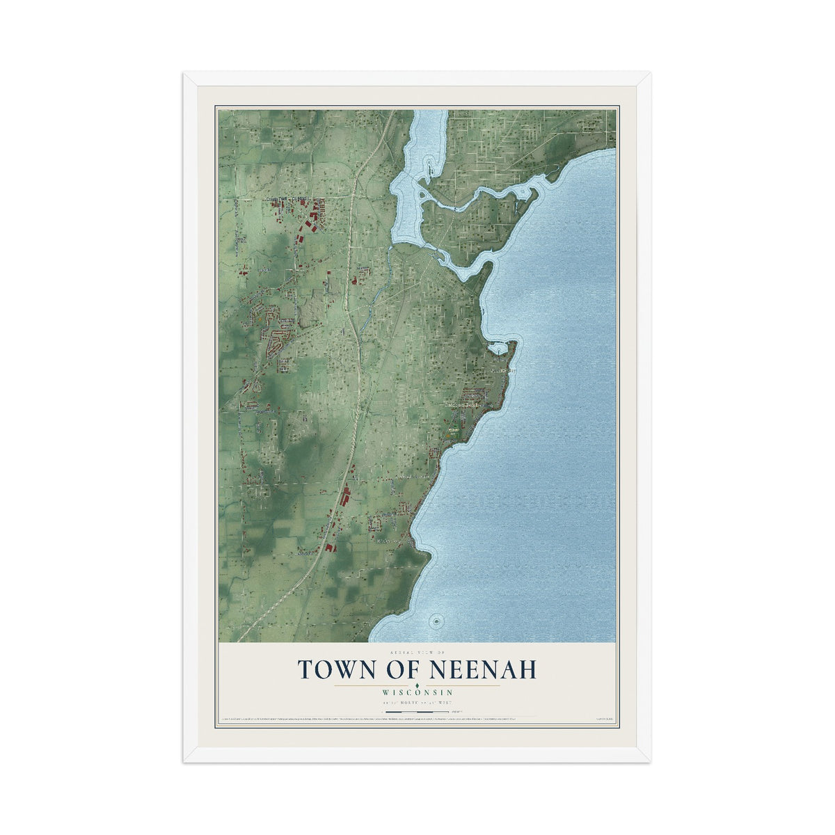 Map of the Town of Neenah, Wisconsin, 12 x 18 inch print in a white wood frame