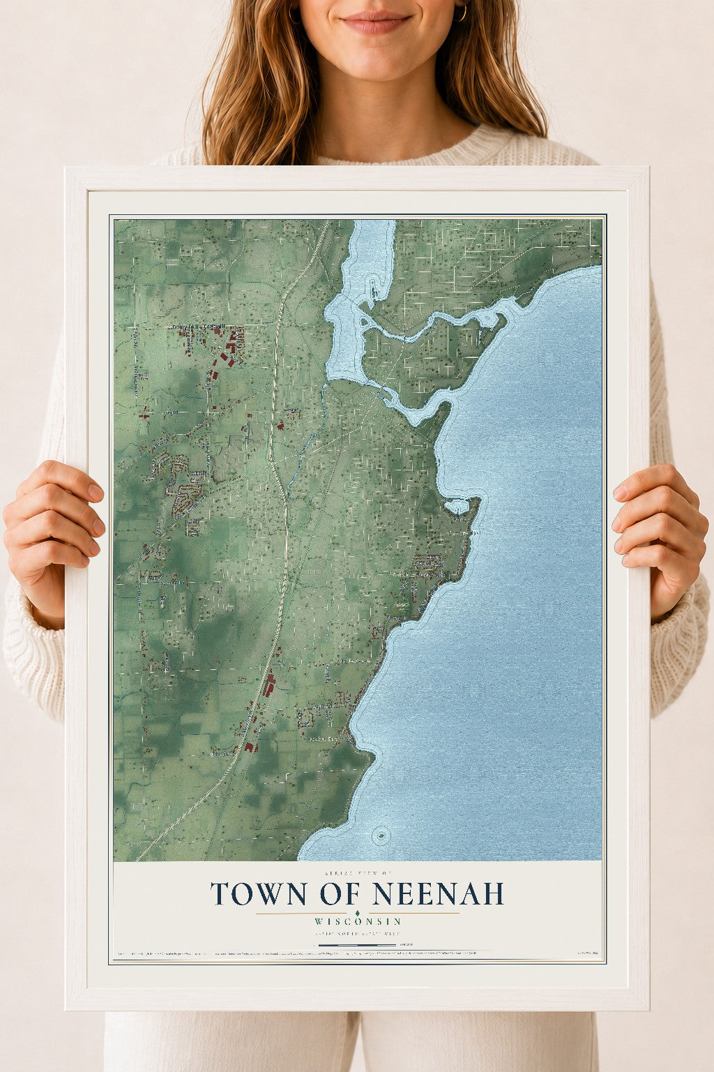 Map of the Town of Neenah, Wisconsin, 18 x 24 inch print in a white wood frame