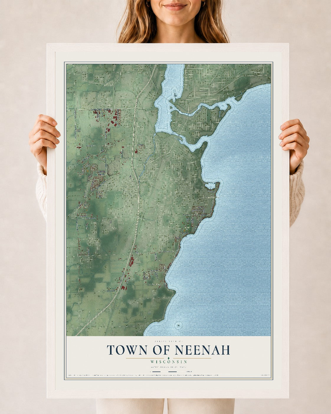 Map of the Town of Neenah, Wisconsin, 24 x 36 inch print in a white wood frame