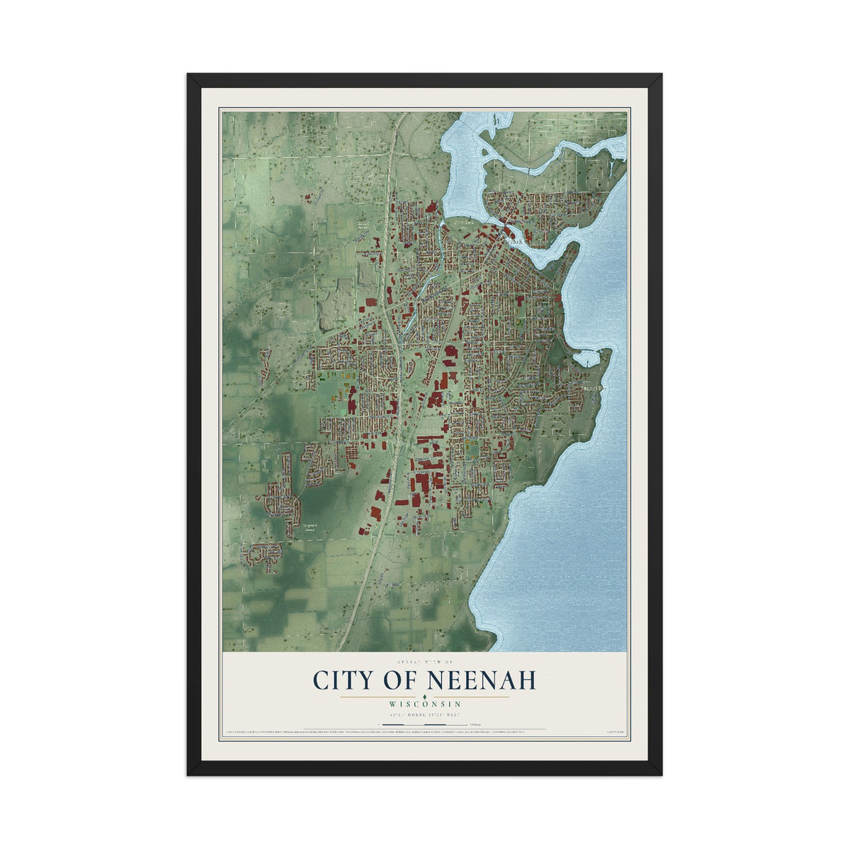Map of Neenah, Wisconsin, 12 x 18 inch print in a black wood frame