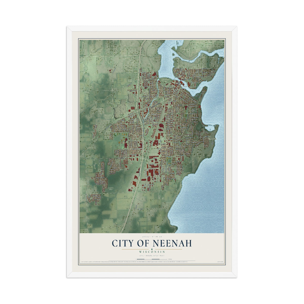 Map of Neenah, Wisconsin, 12 x 18 inch print in a white wood frame