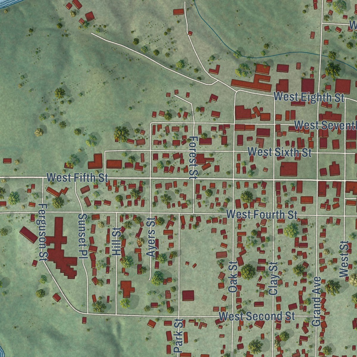 Close-up of the map of Neillsville, Wisconsin print showing street and building detail