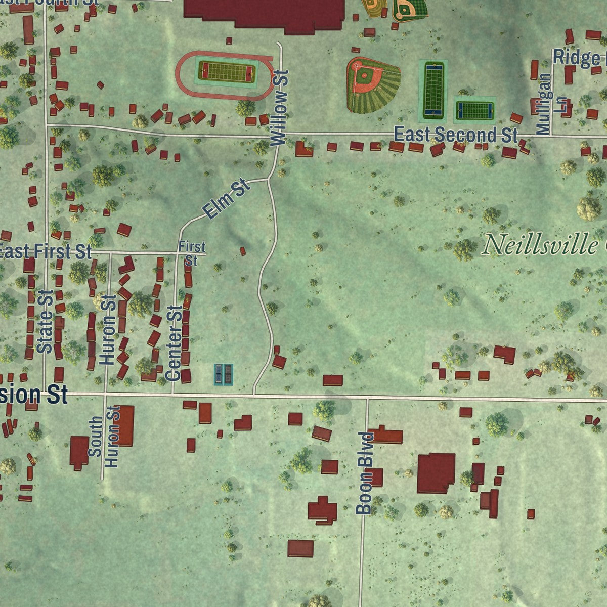 Second close-up of the map of Neillsville, Wisconsin print showing more streets and buildings