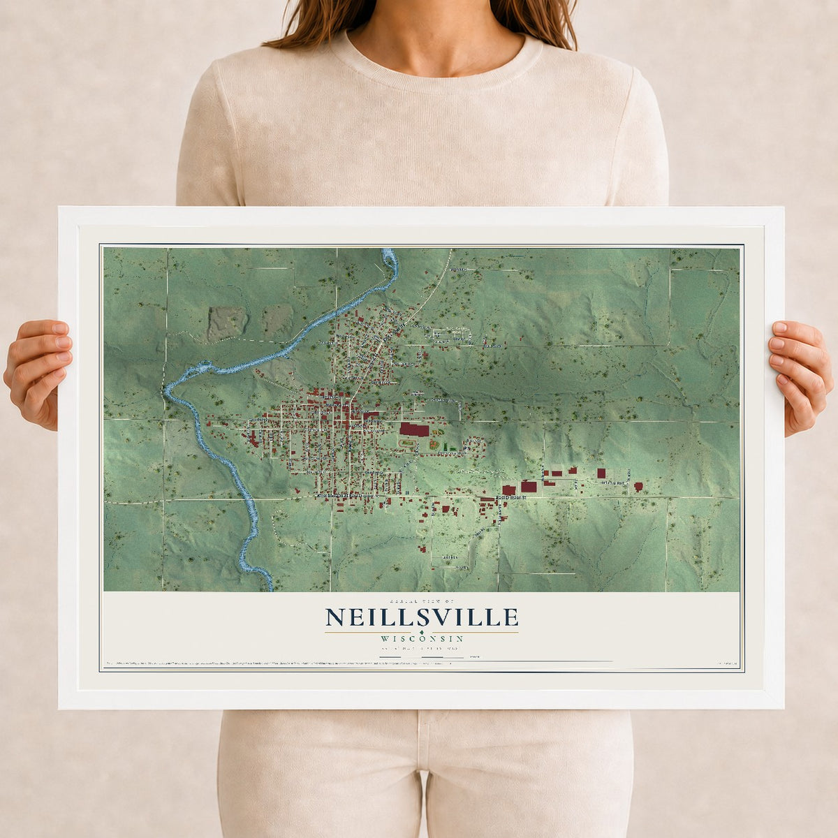 Map of Neillsville, Wisconsin, 12 x 18 inch print in a white wood frame