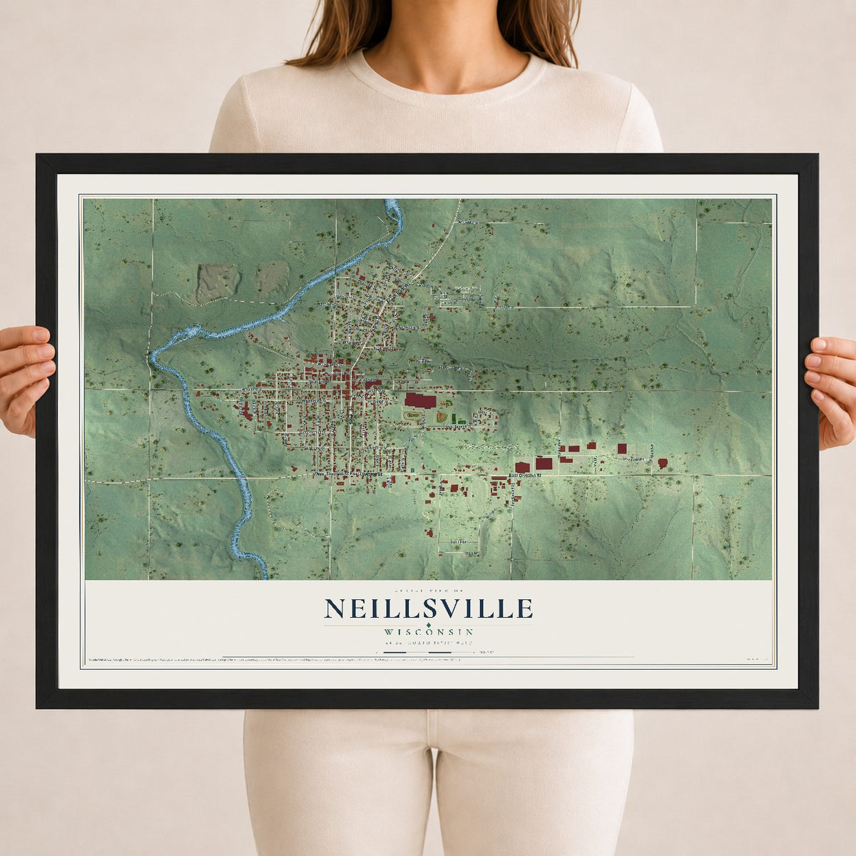 Map of Neillsville, Wisconsin, 18 x 24 inch print in a black wood frame