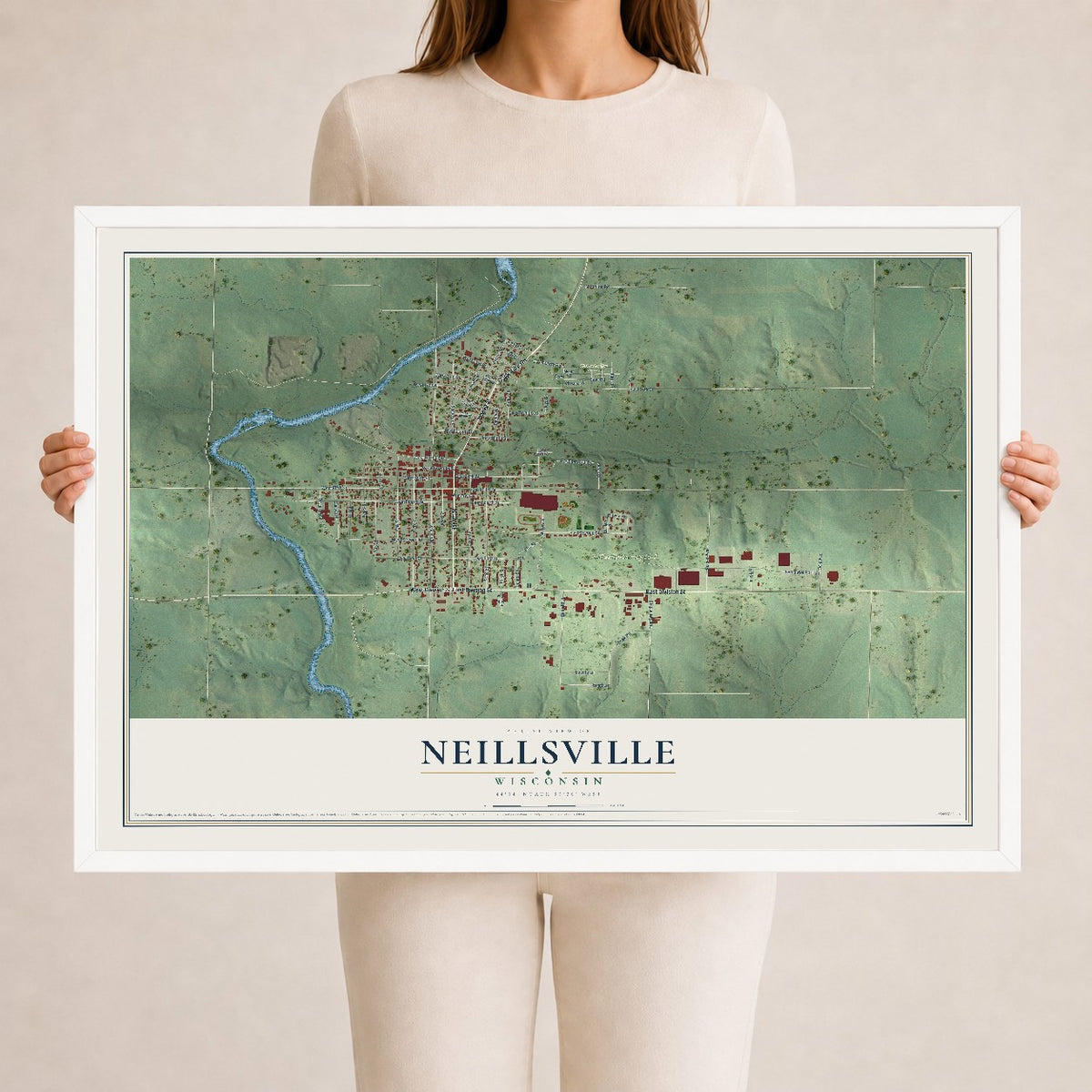 Map of Neillsville, Wisconsin, 24 x 36 inch print in a white wood frame