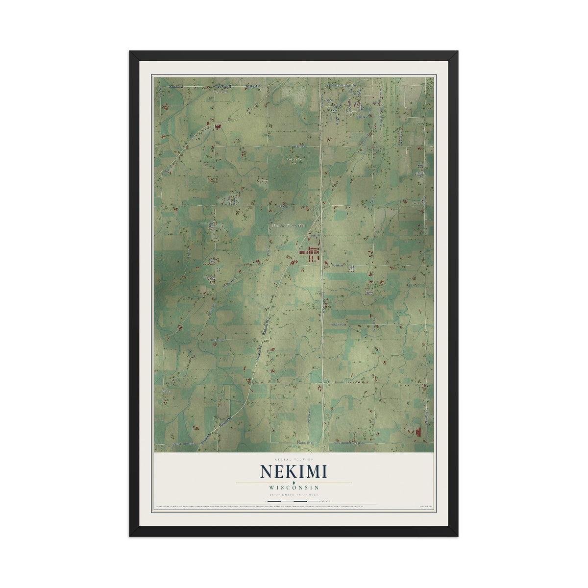 Map of Nekimi, Wisconsin, 12 x 18 inch print in a black wood frame