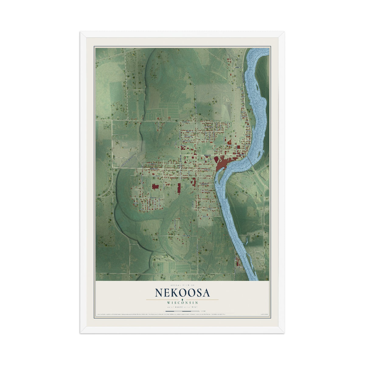 Map of Nekoosa, Wisconsin, 12 x 18 inch print in a white wood frame