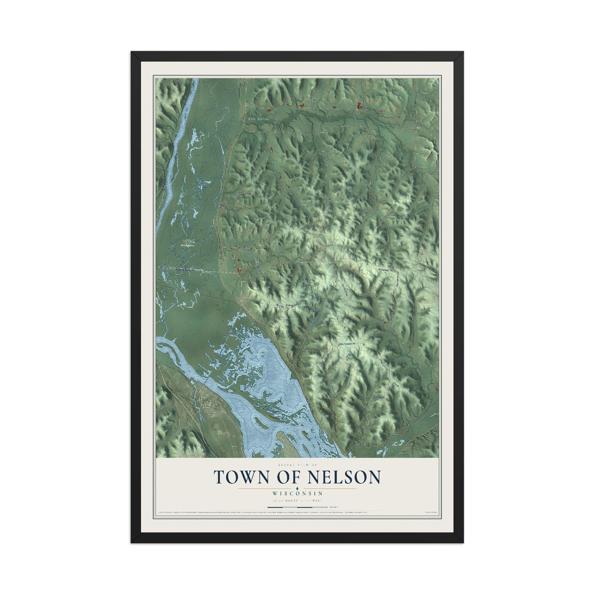 Map of the Town of Nelson, Wisconsin, 12 x 18 inch print in a black wood frame