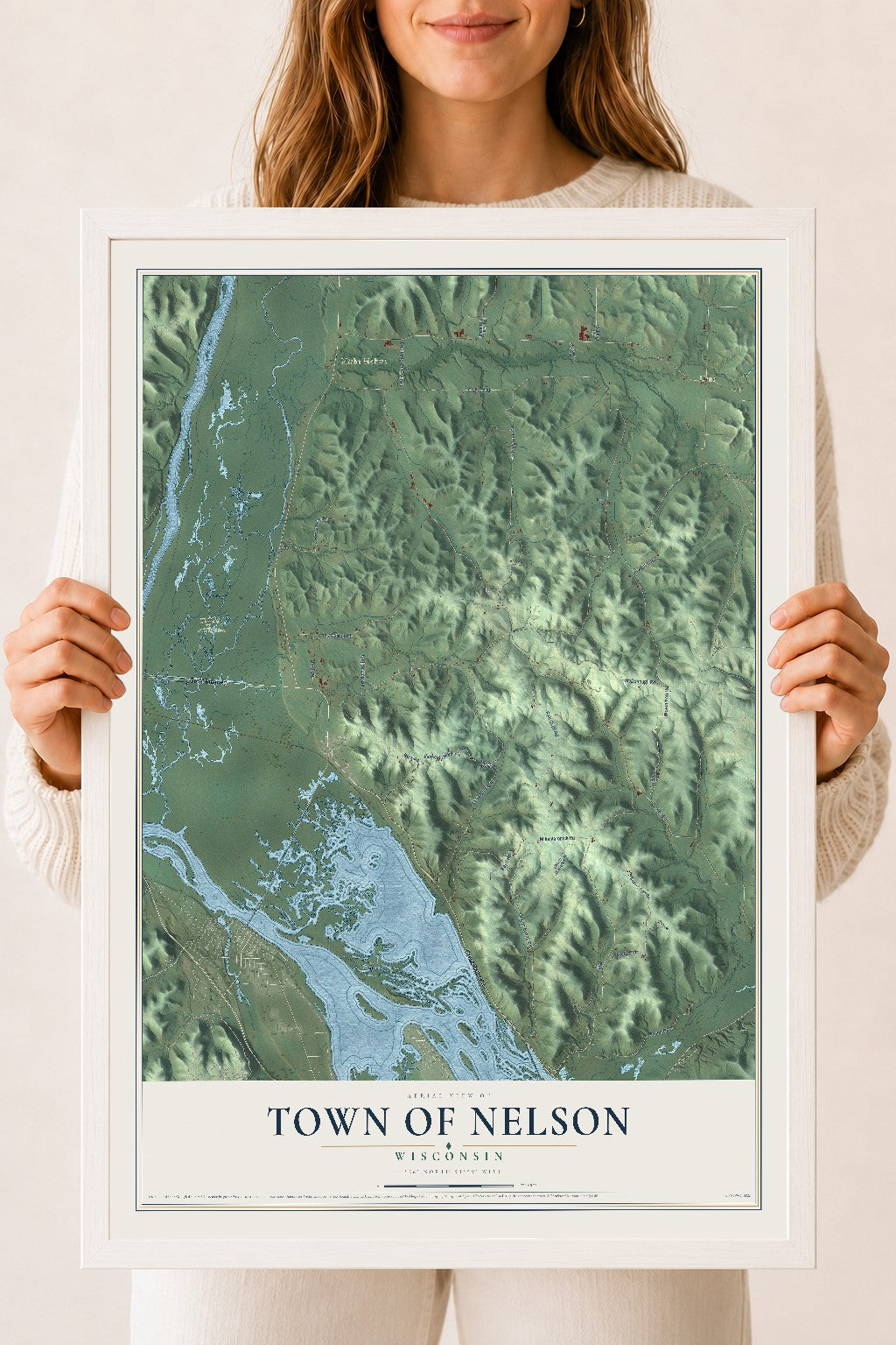 Map of the Town of Nelson, Wisconsin, 18 x 24 inch print in a white wood frame