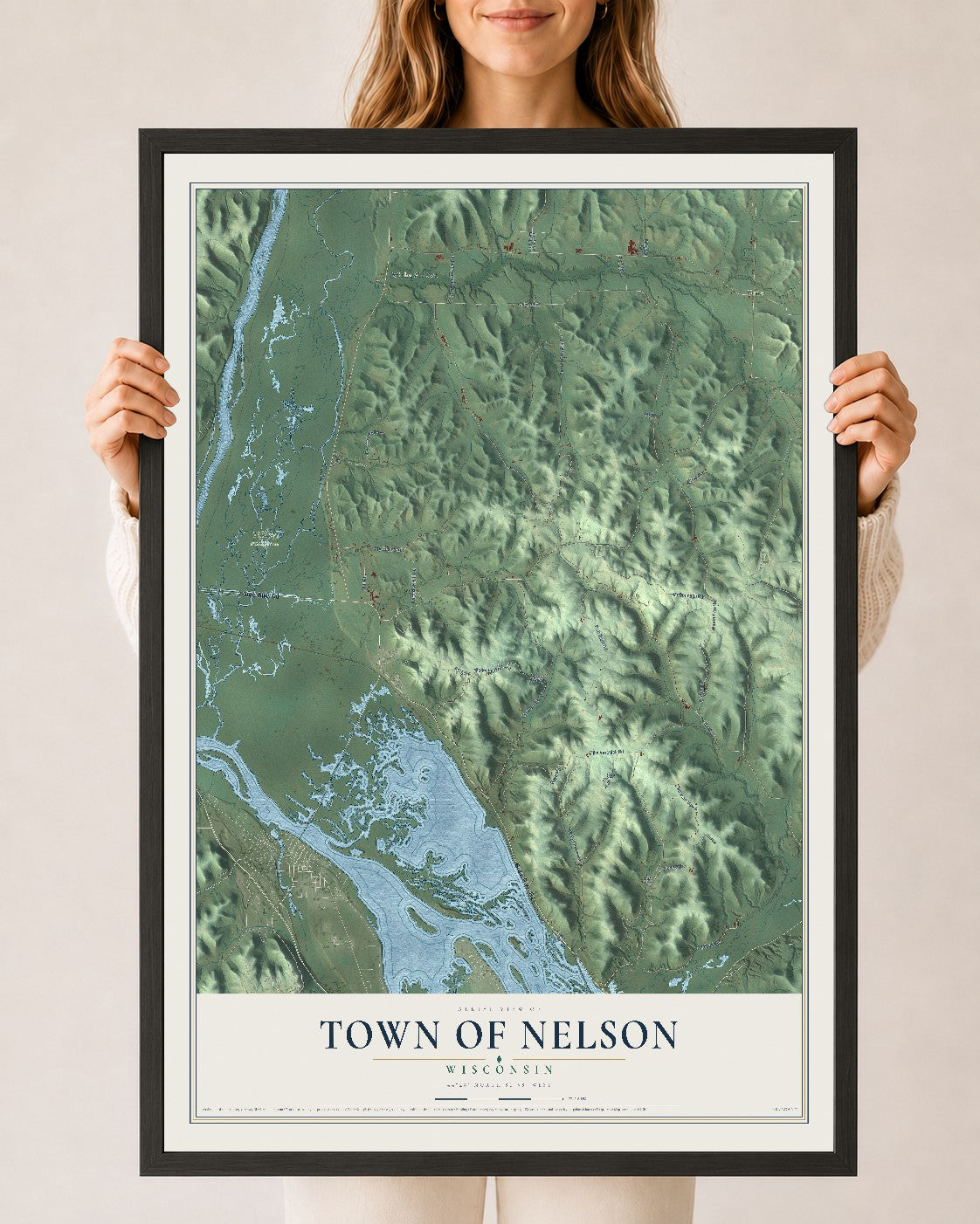 Map of the Town of Nelson, Wisconsin, 24 x 36 inch print in a black wood frame