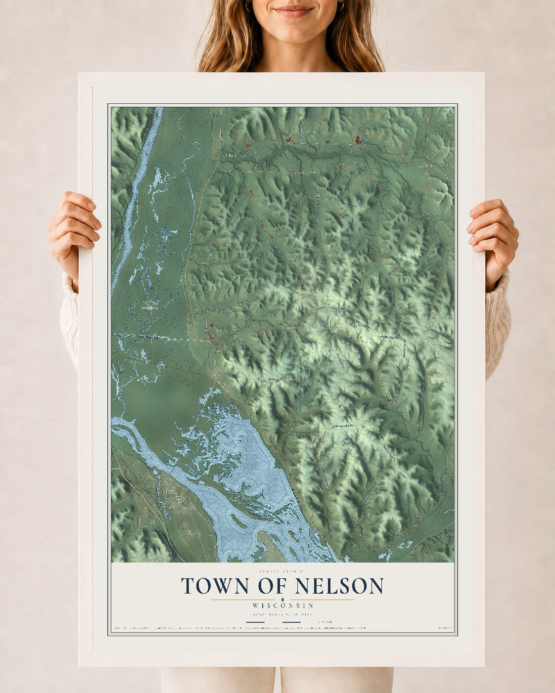 Map of the Town of Nelson, Wisconsin, 24 x 36 inch print in a white wood frame