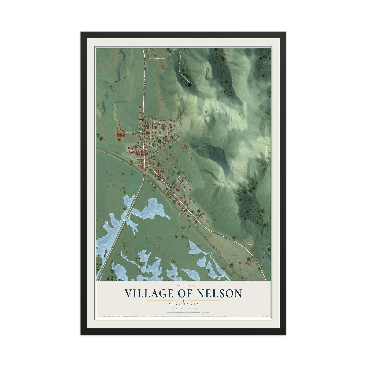 Map of Nelson, Wisconsin, 12 x 18 inch print in a black wood frame