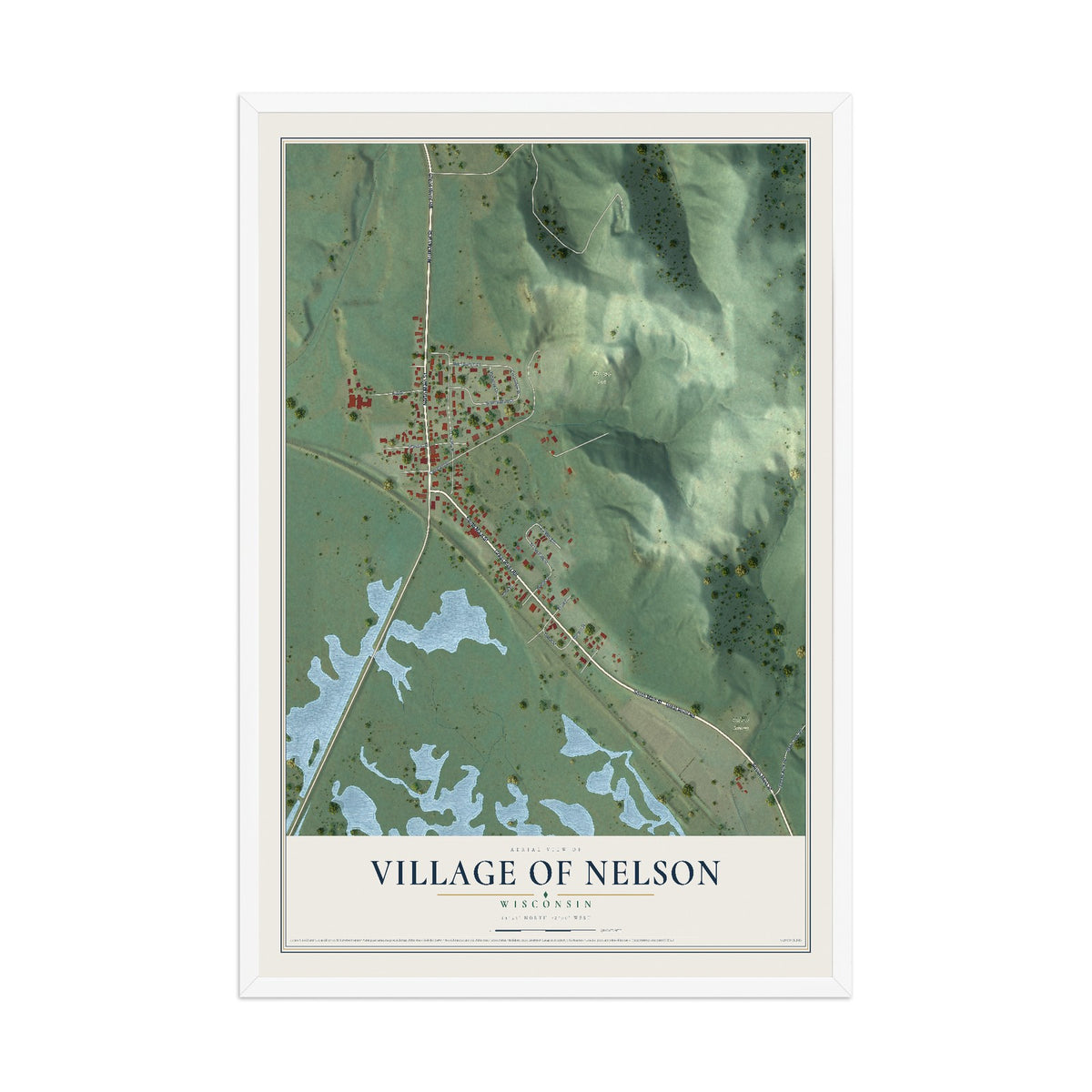 Map of Nelson, Wisconsin, 12 x 18 inch print in a white wood frame