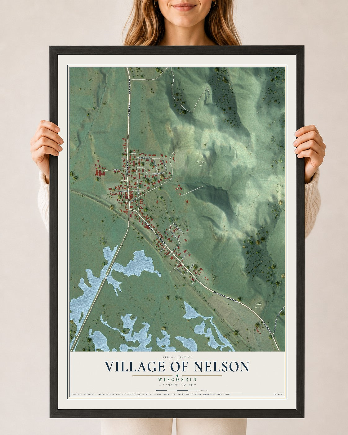 Map of Nelson, Wisconsin, 24 x 36 inch print in a black wood frame