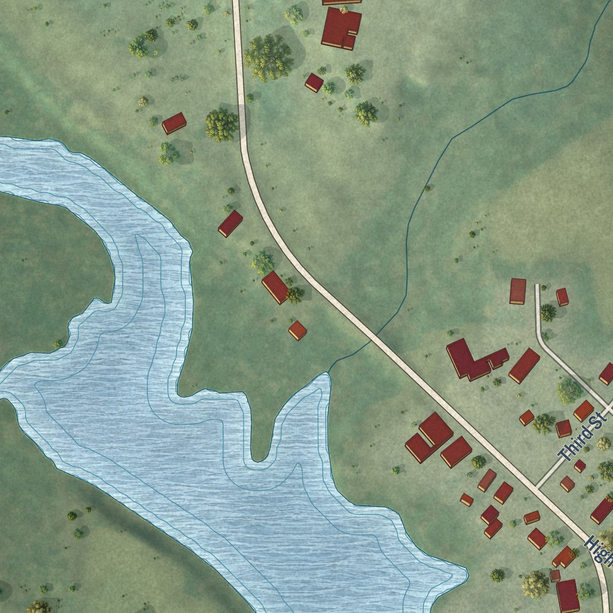 Close-up of the map of Nelsonville, Wisconsin print showing street and building detail