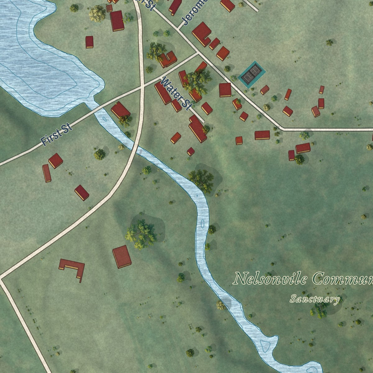 Second close-up of the map of Nelsonville, Wisconsin print showing more streets and buildings