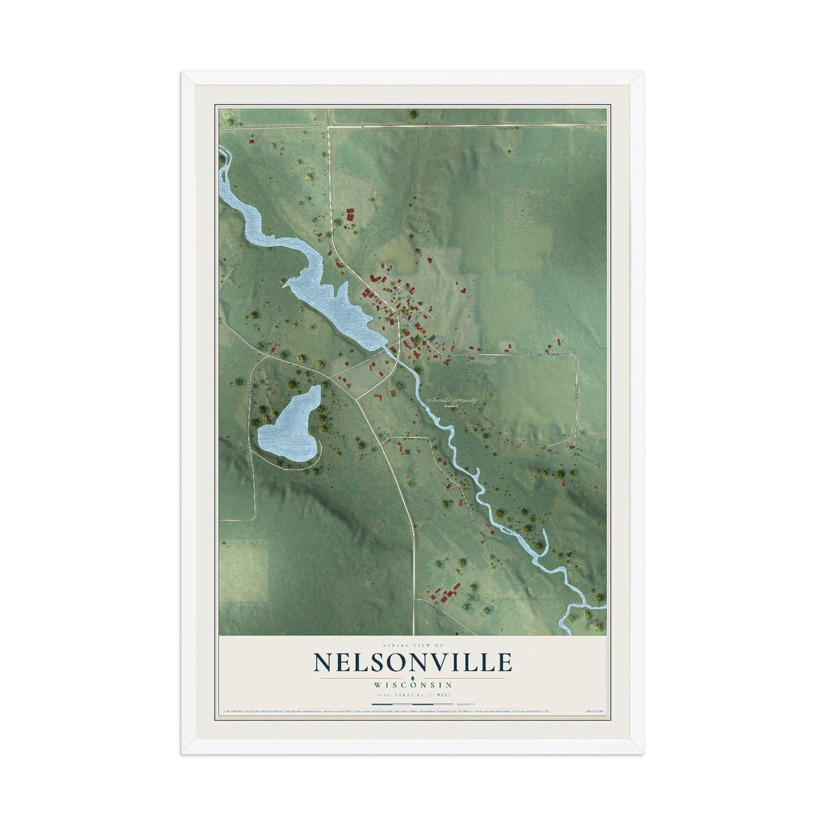 Map of Nelsonville, Wisconsin, 12 x 18 inch print in a white wood frame