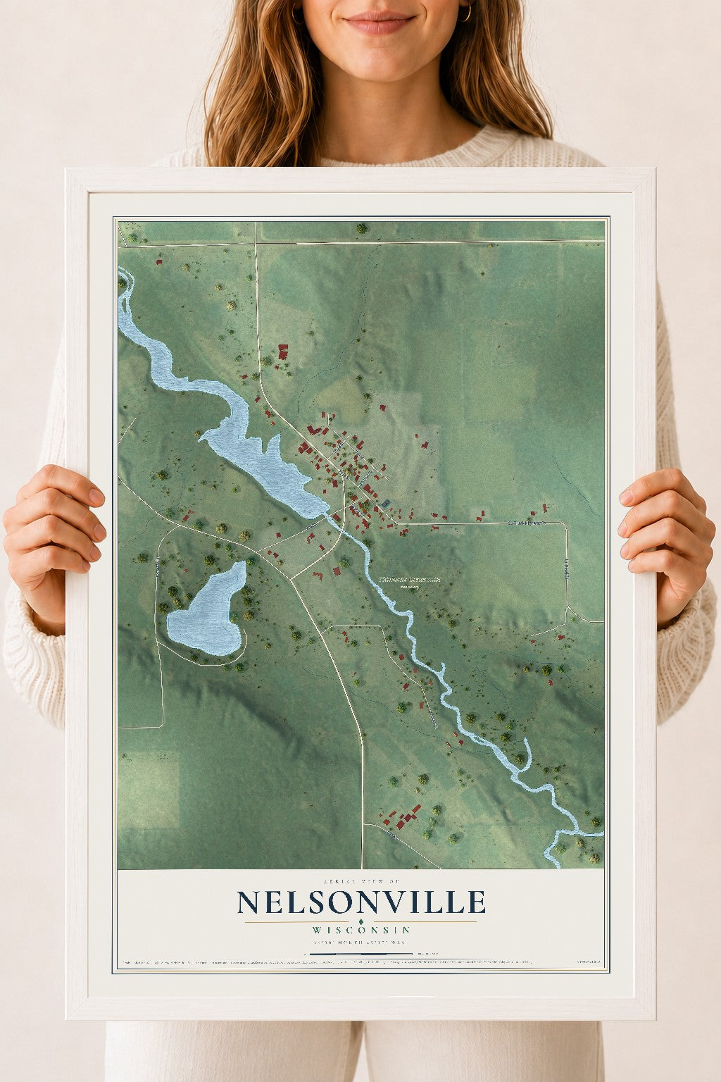 Map of Nelsonville, Wisconsin, 18 x 24 inch print in a white wood frame
