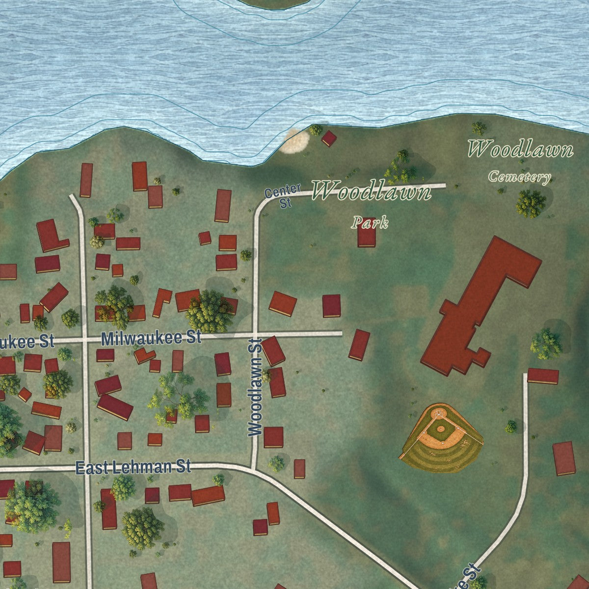 Close-up of the map of Neosho, Wisconsin print showing street and building detail