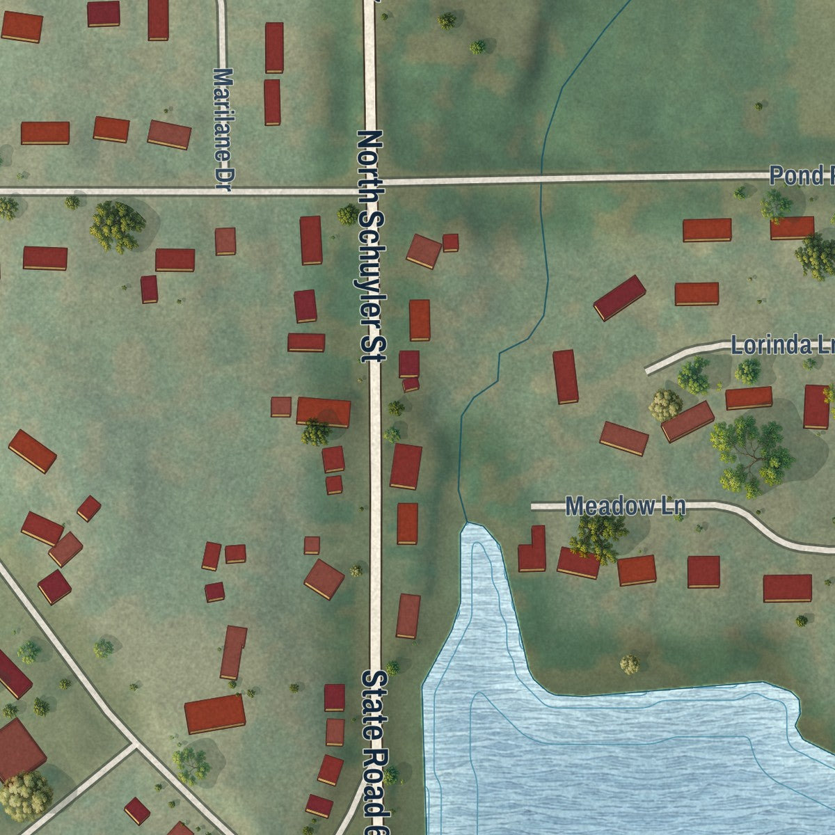 Second close-up of the map of Neosho, Wisconsin print showing more streets and buildings