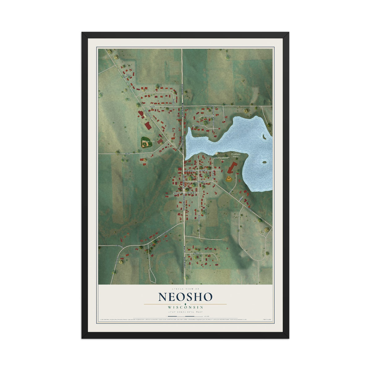 Map of Neosho, Wisconsin, 12 x 18 inch print in a black wood frame