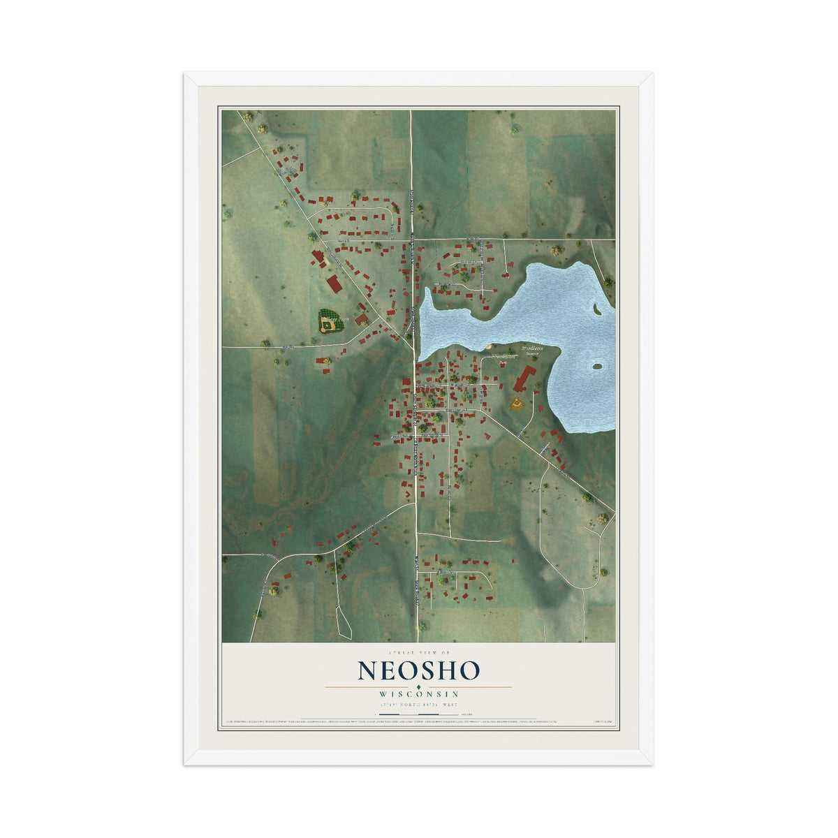Map of Neosho, Wisconsin, 12 x 18 inch print in a white wood frame