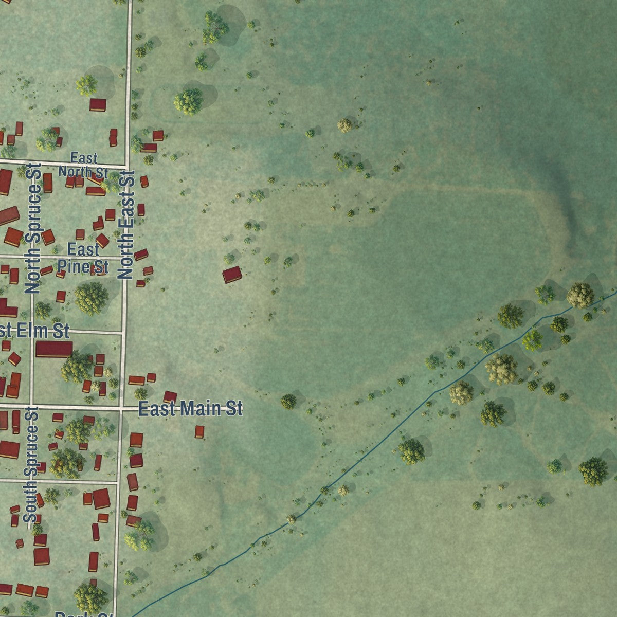 Second close-up of the map of New Auburn, Wisconsin print showing more streets and buildings