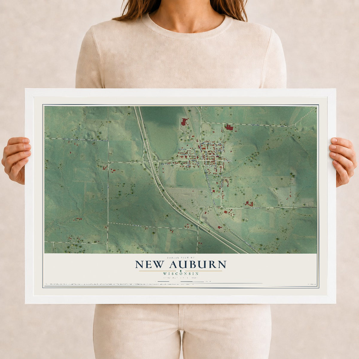 Map of New Auburn, Wisconsin, 12 x 18 inch print in a white wood frame