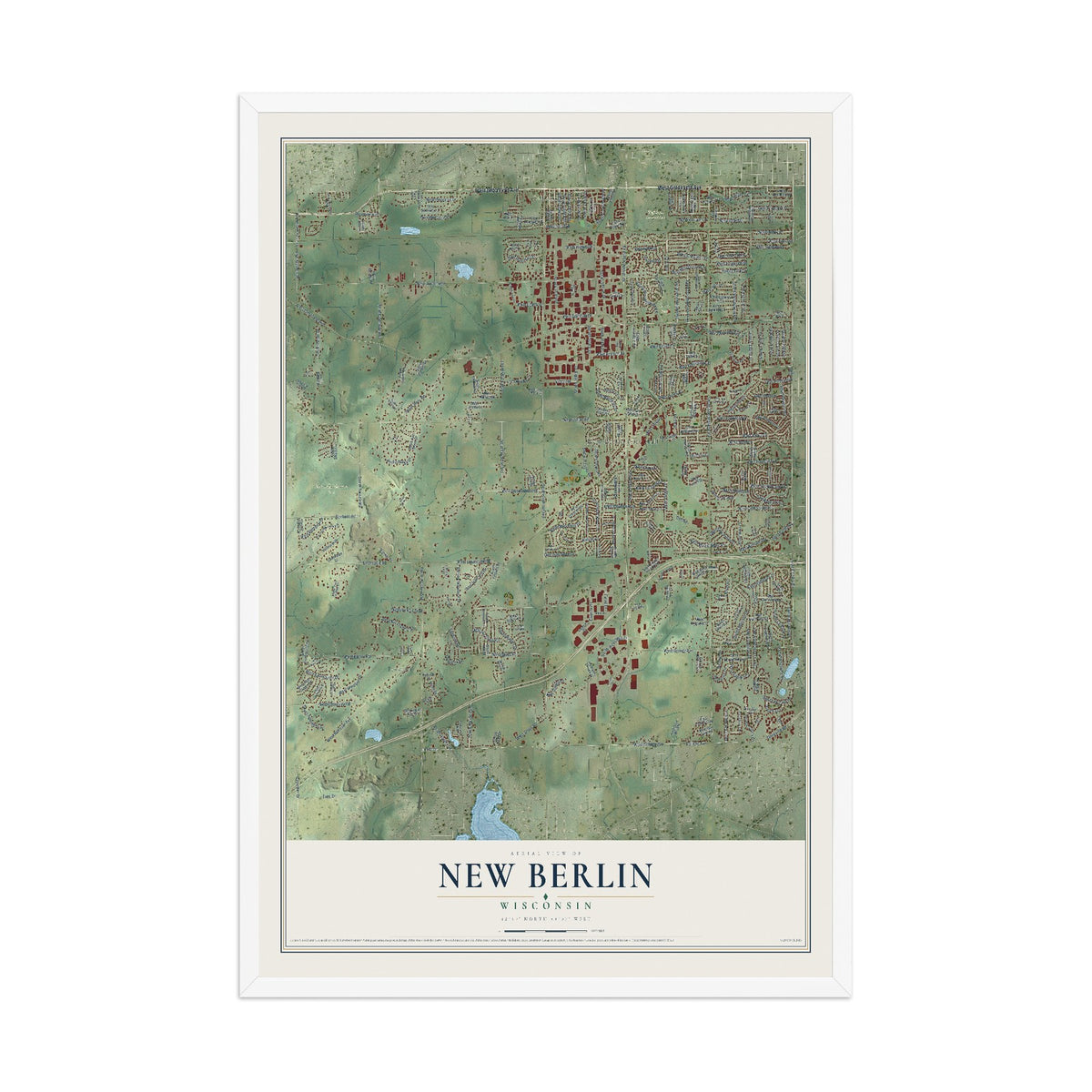 Map of New Berlin, Wisconsin, 12 x 18 inch print in a white wood frame