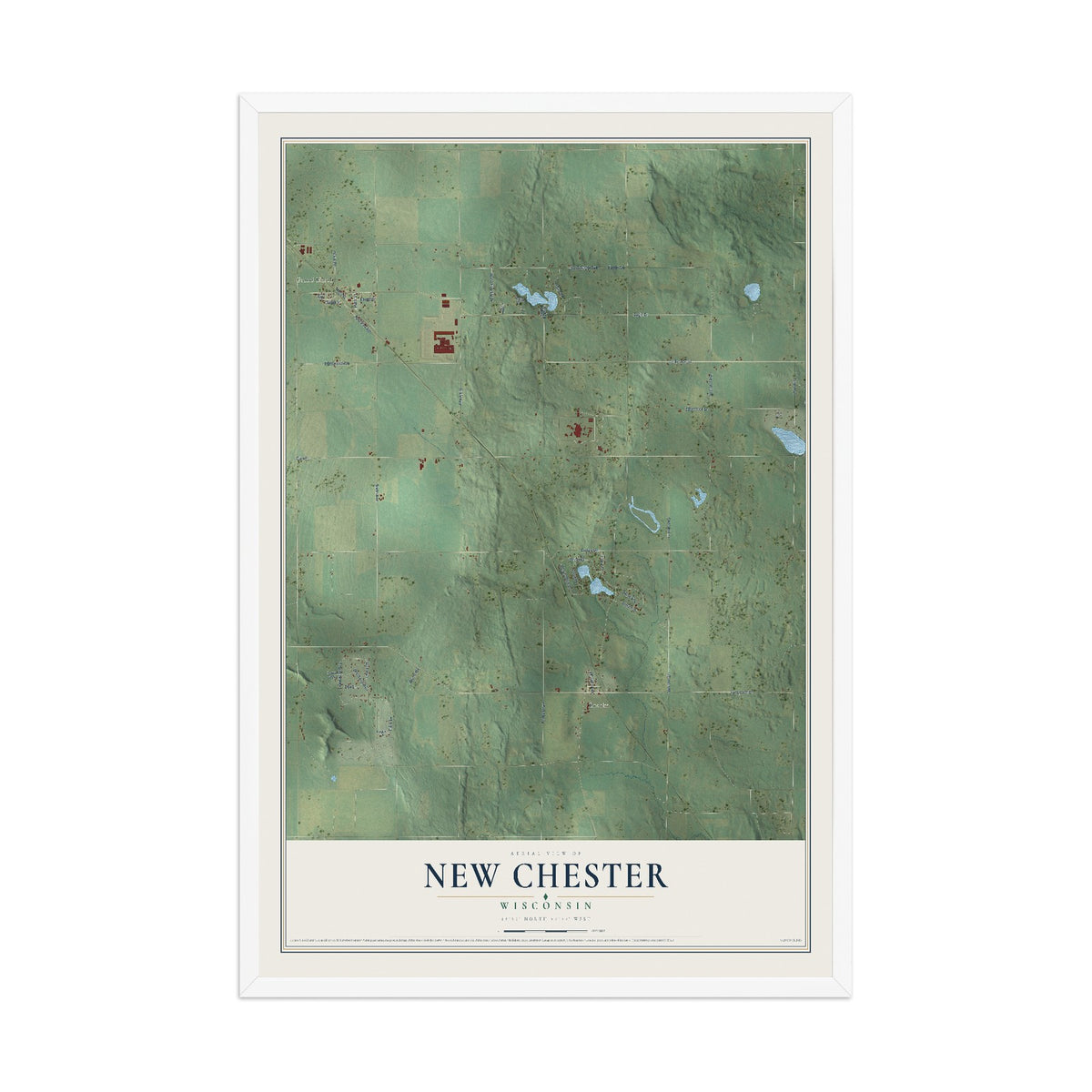 Map of New Chester, Wisconsin, 12 x 18 inch print in a white wood frame