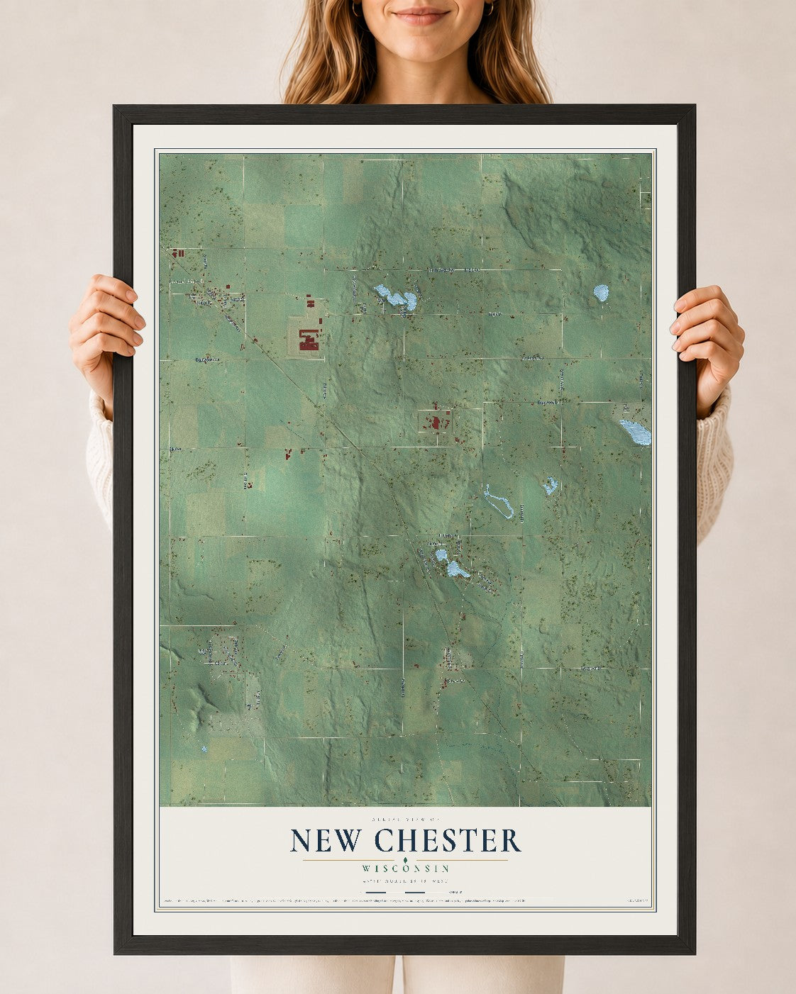 Map of New Chester, Wisconsin, 24 x 36 inch print in a black wood frame